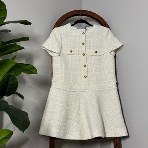 Zara Cream Tweed Short-Sleeve Mini Dress with Gold Buttons